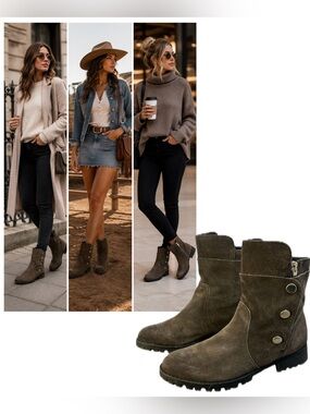 Chinese Laundry Farfetch Distress Grey Brown suede button zipper Boots Sz 6.5